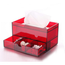 Exquisita caja de pañuelos acrílicos rojos con cosmética.